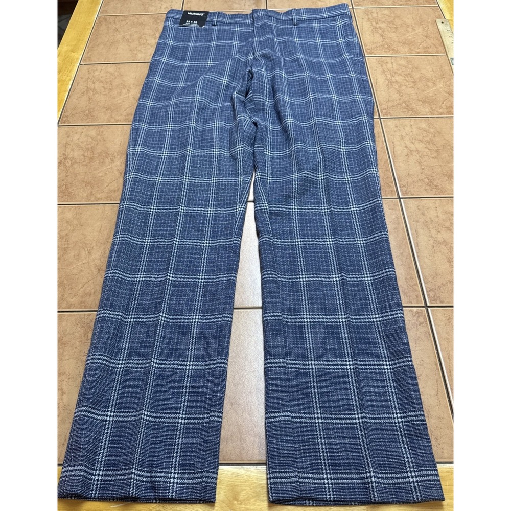 NEW Murano Alex Dress Pants Men's 32 x 30 Slim Fit Stretch Flat Front Blue Plaid